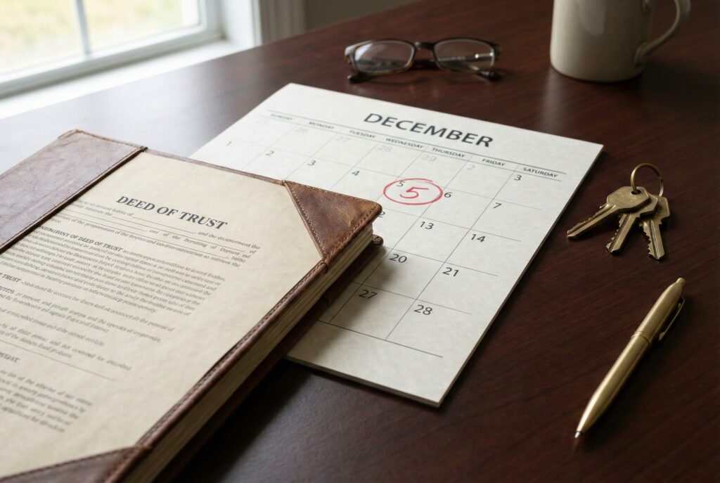 Real estate deed and calendar on desk highlighting the FHA 90-day seasoning period start date