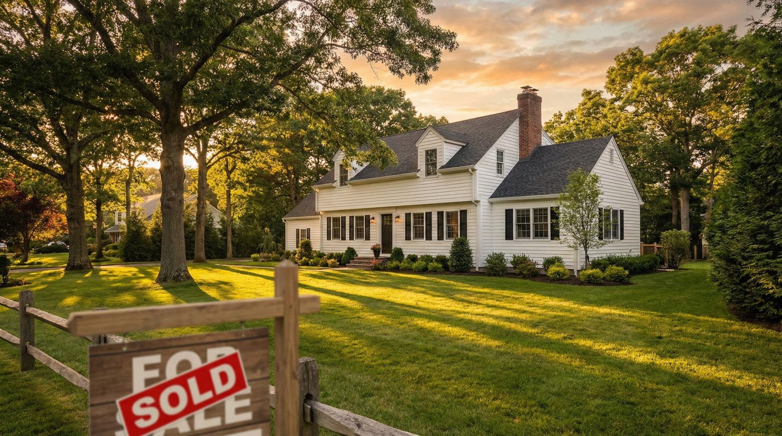 Newly renovated Cape Cod style home in Long Island NY with for sale sign illustrating the FHA 90-day flip rule context