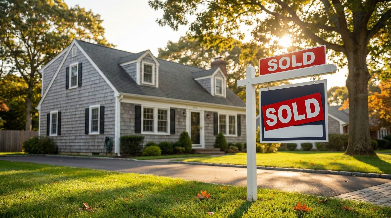Sold sign in front of a Long Island Cape Cod home representing a fast real estate sale
