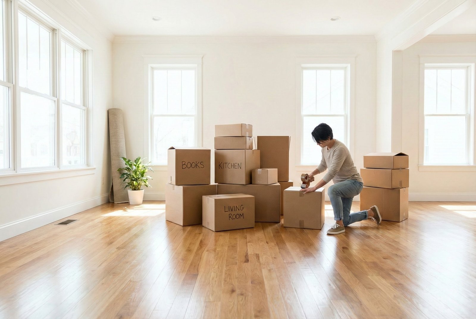 Moving boxes in a living room illustrating the decluttering process for selling a house