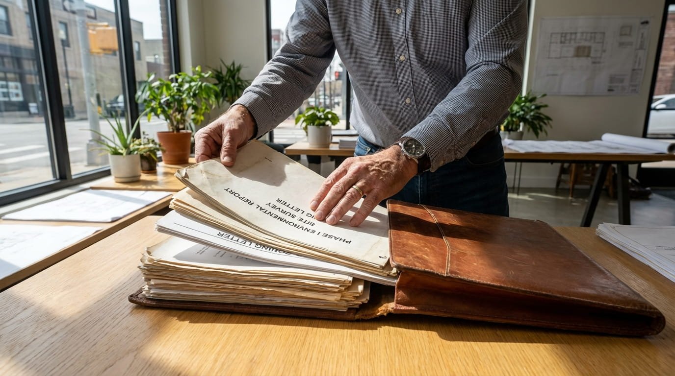 Organizing commercial property due diligence documents including site surveys, environmental reports, and zoning letters for a professional sale.