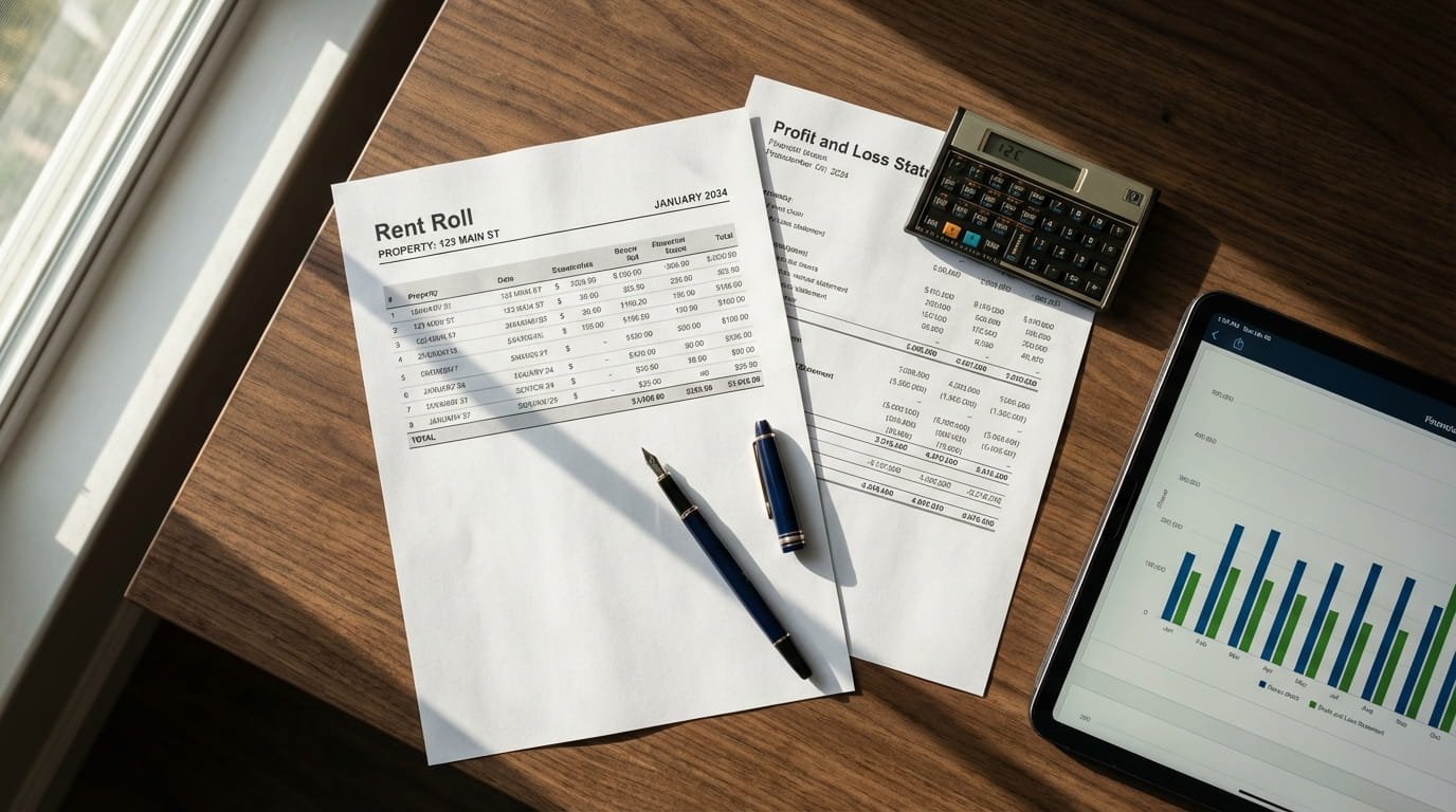 Commercial real estate financial analysis showing rent roll and profit and loss statements for calculating NOI and cap rates.