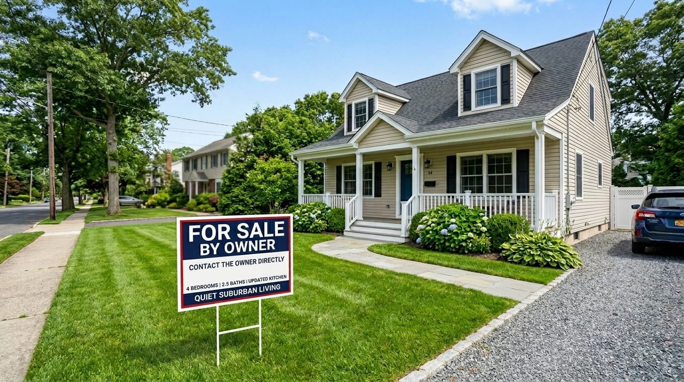 Professional For Sale By Owner sign in front of a Long Island home for an as-is sale.